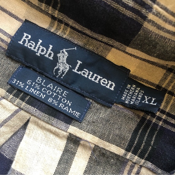 Ralph Lauren Men’s Size XL Blaire Navy/Tan Plaid Dress Linen Shirt Long Sleeves - Picture 3 of 14